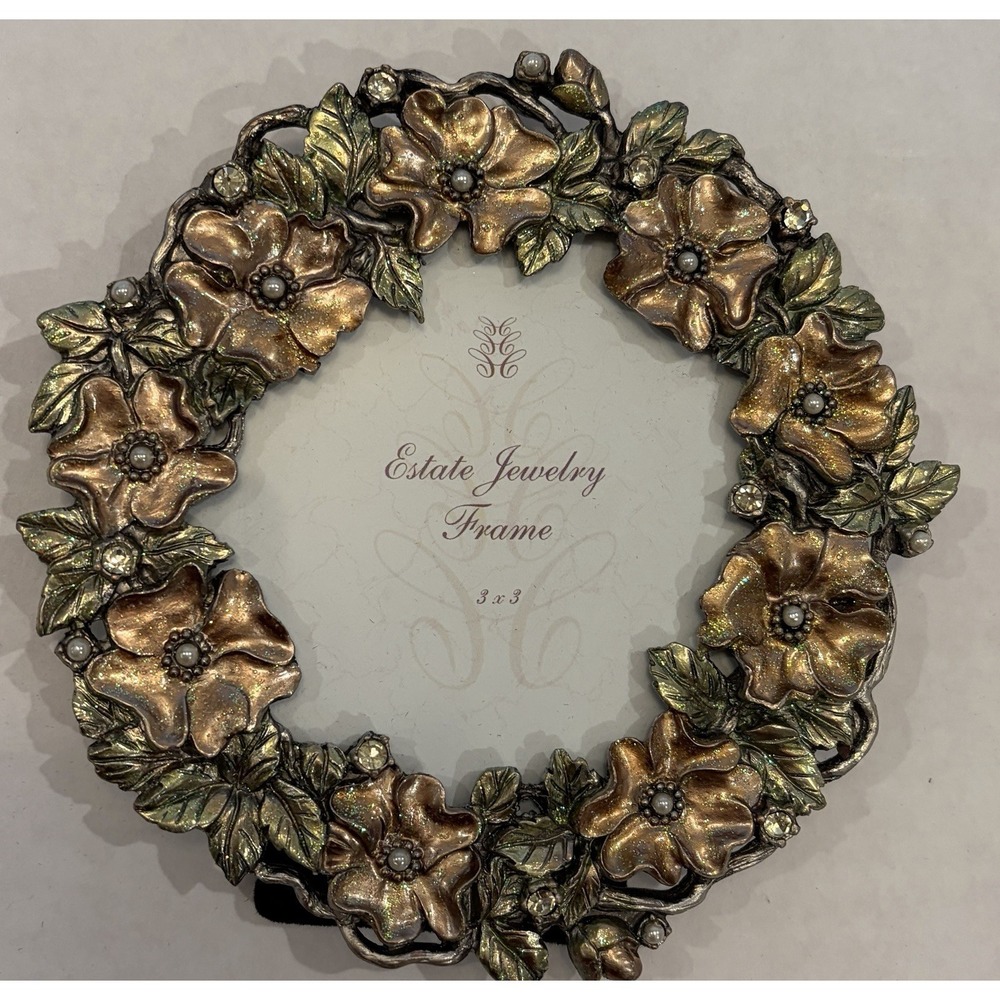 Fetco Home Decor Metal Round Picture Frame Jeweled Floral Design Fits 3x3 Photo